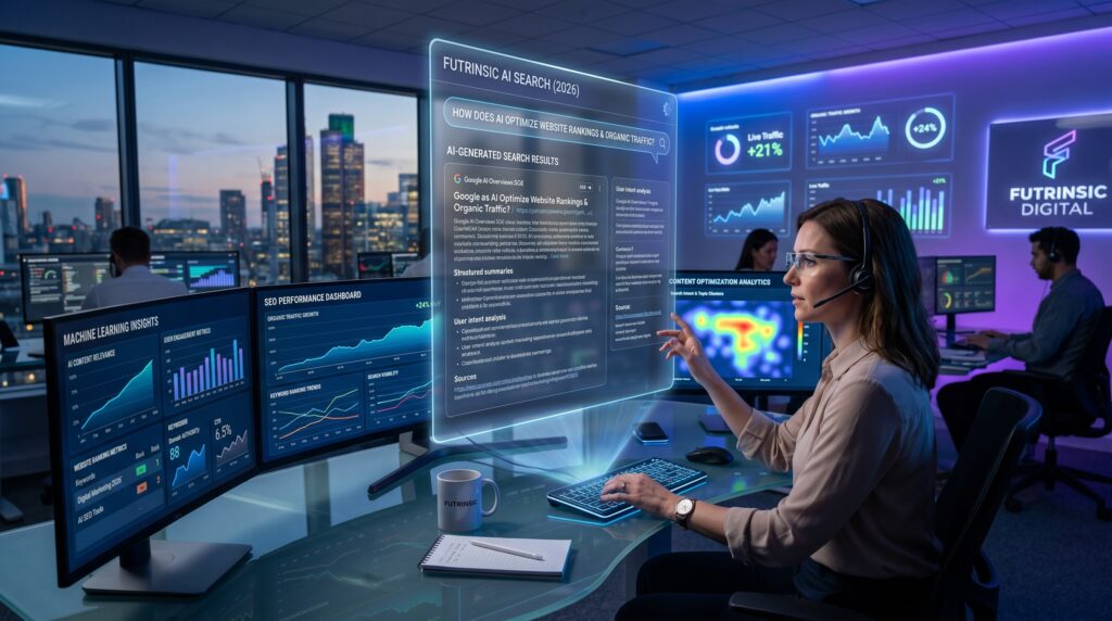 Digital marketer analyzing AI search results, SEO data, and website rankings in a futuristic workspace.