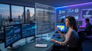 Digital marketer analyzing AI search results, SEO data, and website rankings in a futuristic workspace.